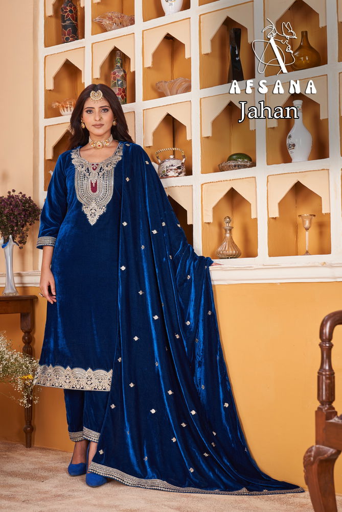 Jahan By Afsana Embroidery Winter Wear Velvet Readymade Suit Wholesalers In Surat